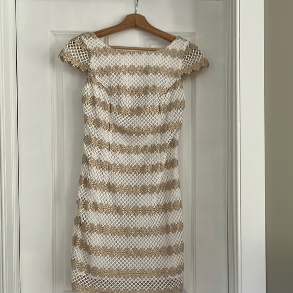 Lilly Pulitzer White and Gold Sheath Dress with Flutter Cap Sleeves